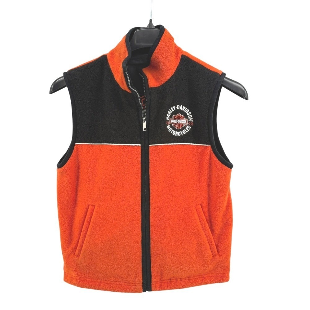 Harley-Davidson Reversible Vest Boys Large Vest Orange Black‎ Fleece Nylon Biker